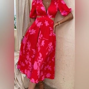 ‼️ SOLD‼️ SHEIN VCAY Floral Print Puff Sleeve Cut Out Tie Back Dress - Small